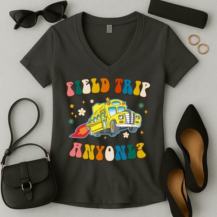 Field Trip Anyone Magic School Bus Retro Teacher Women's V-Neck T-Shirt