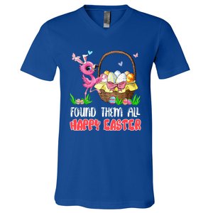 Found Them All Happy Easter Bunny Flamingo Hunting Eggs Gift V-Neck T-Shirt