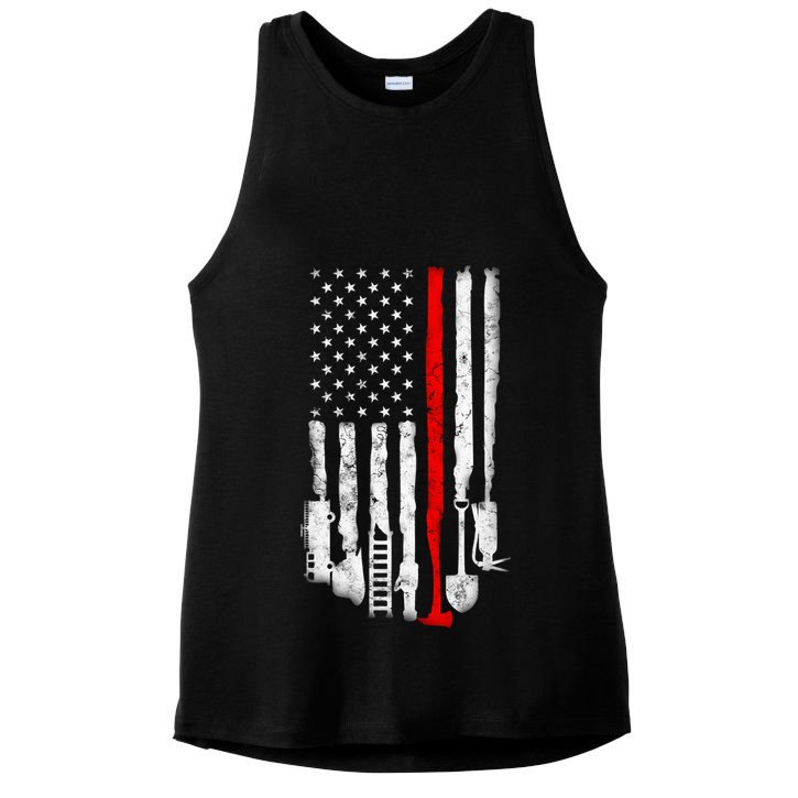 Firefighter Tools And Equipt Stripe American Flag Fire Gift Ladies PosiCharge Tri-Blend Wicking Tank