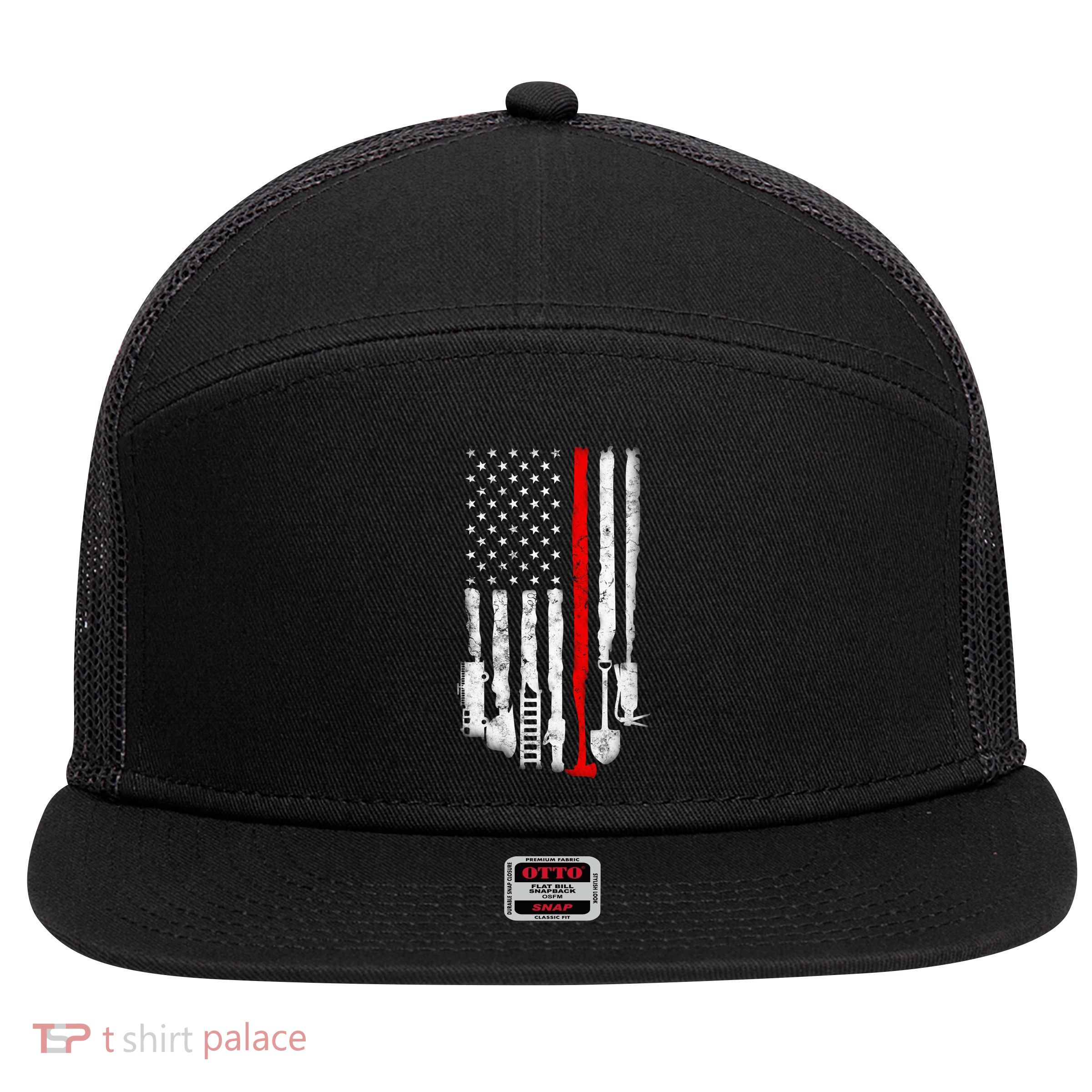 Firefighter Tools And Equipt Stripe American Flag Fire Gift 7 Panel Mesh Trucker Snapback Hat