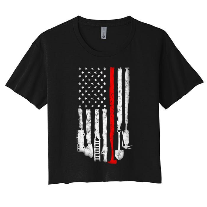 Firefighter Tools And Equipt Stripe American Flag Fire Gift Women's Crop Top Tee