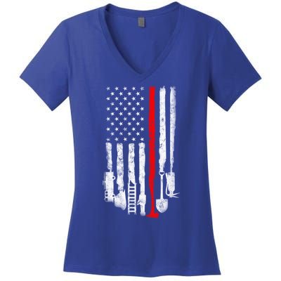 Firefighter Tools And Equipt Stripe American Flag Fire Gift Women's V-Neck T-Shirt