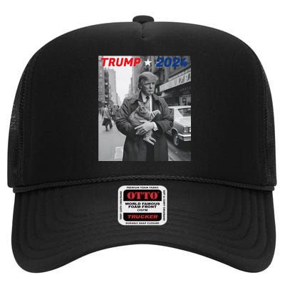 Funny Trump And Cat 2024 Funny Political High Crown Mesh Back Trucker Hat