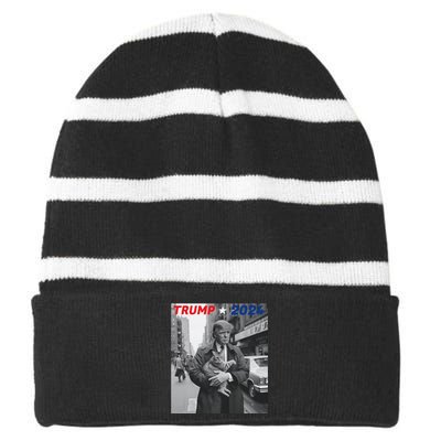 Funny Trump And Cat 2024 Funny Political Striped Beanie with Solid Band