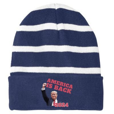 Funny Trump America Is Back 2024 Winner Made Liberals Cry Striped Beanie with Solid Band