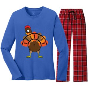 Funny Turkey And Football Thanksgiving Sport Lovers Funny Gift Women's Long Sleeve Flannel Pajama Set 