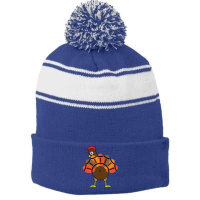 Funny Turkey And Football Thanksgiving Sport Lovers Funny Gift Stripe Pom Pom Beanie