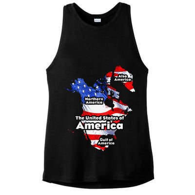 Funny Trump American Flag Canada Greenland Gulf Map On Back Ladies PosiCharge Tri-Blend Wicking Tank