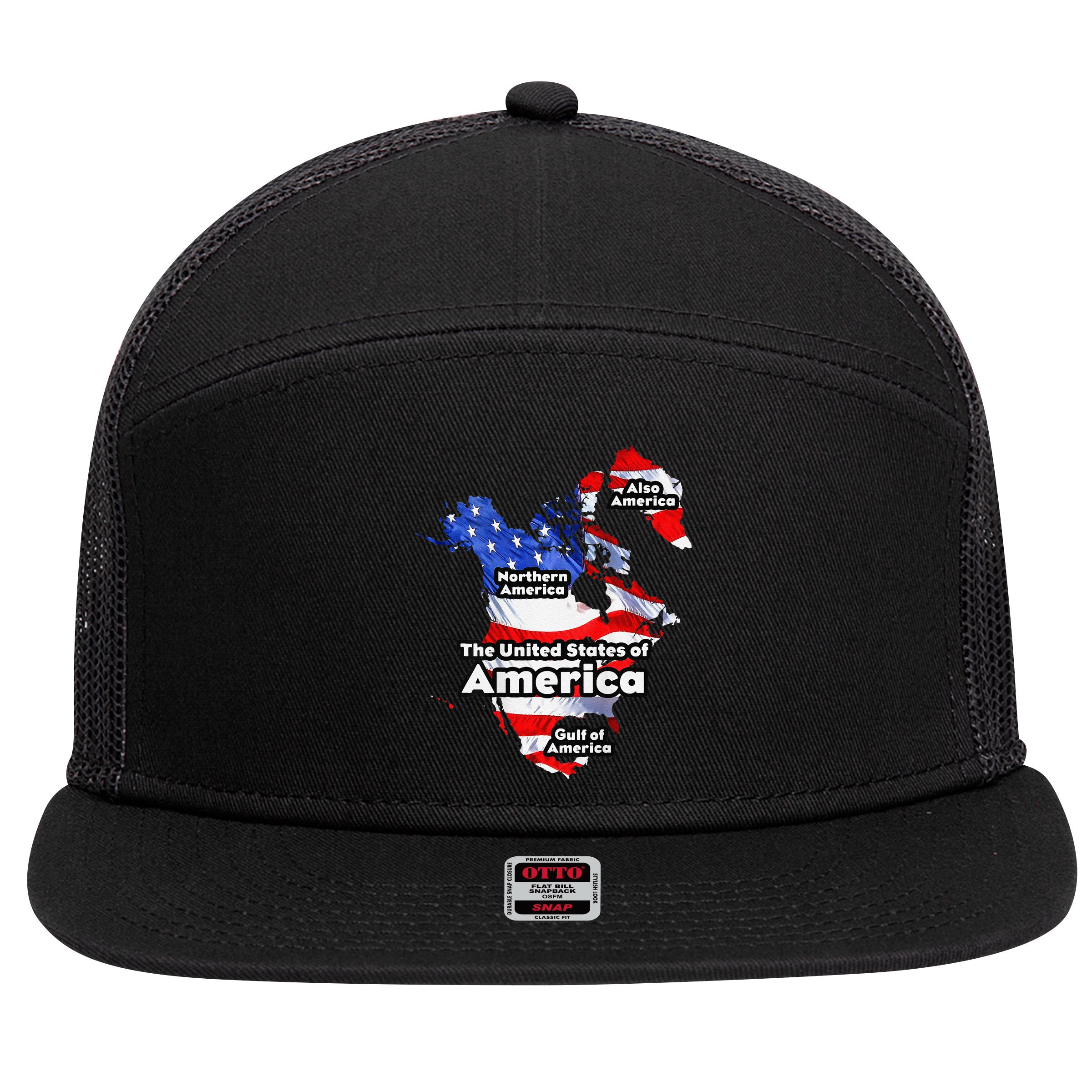 Funny Trump American Flag Canada Greenland Gulf Map On Back 7 Panel Mesh Trucker Snapback Hat