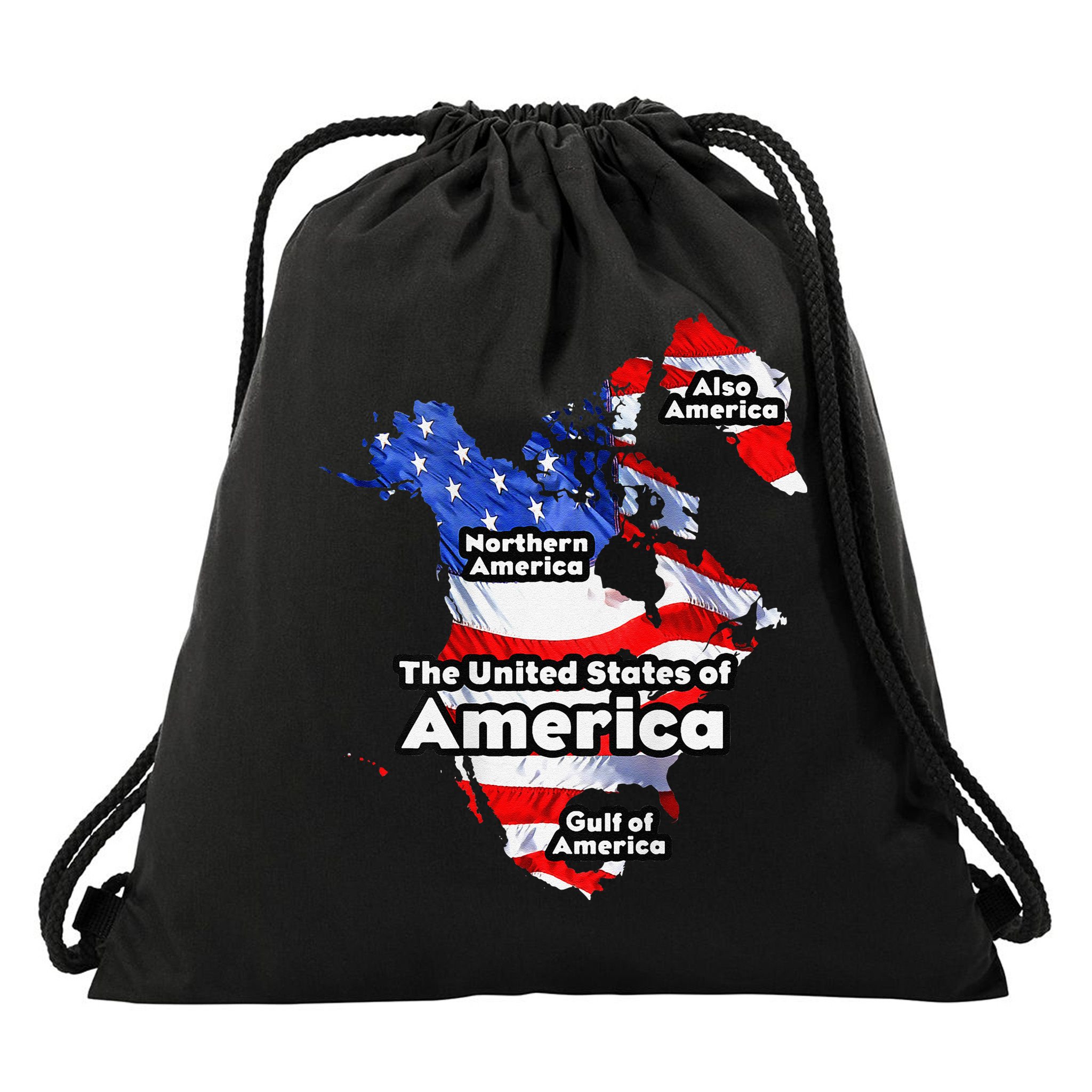 Funny Trump American Flag Canada Greenland Gulf Map On Back Drawstring Bag