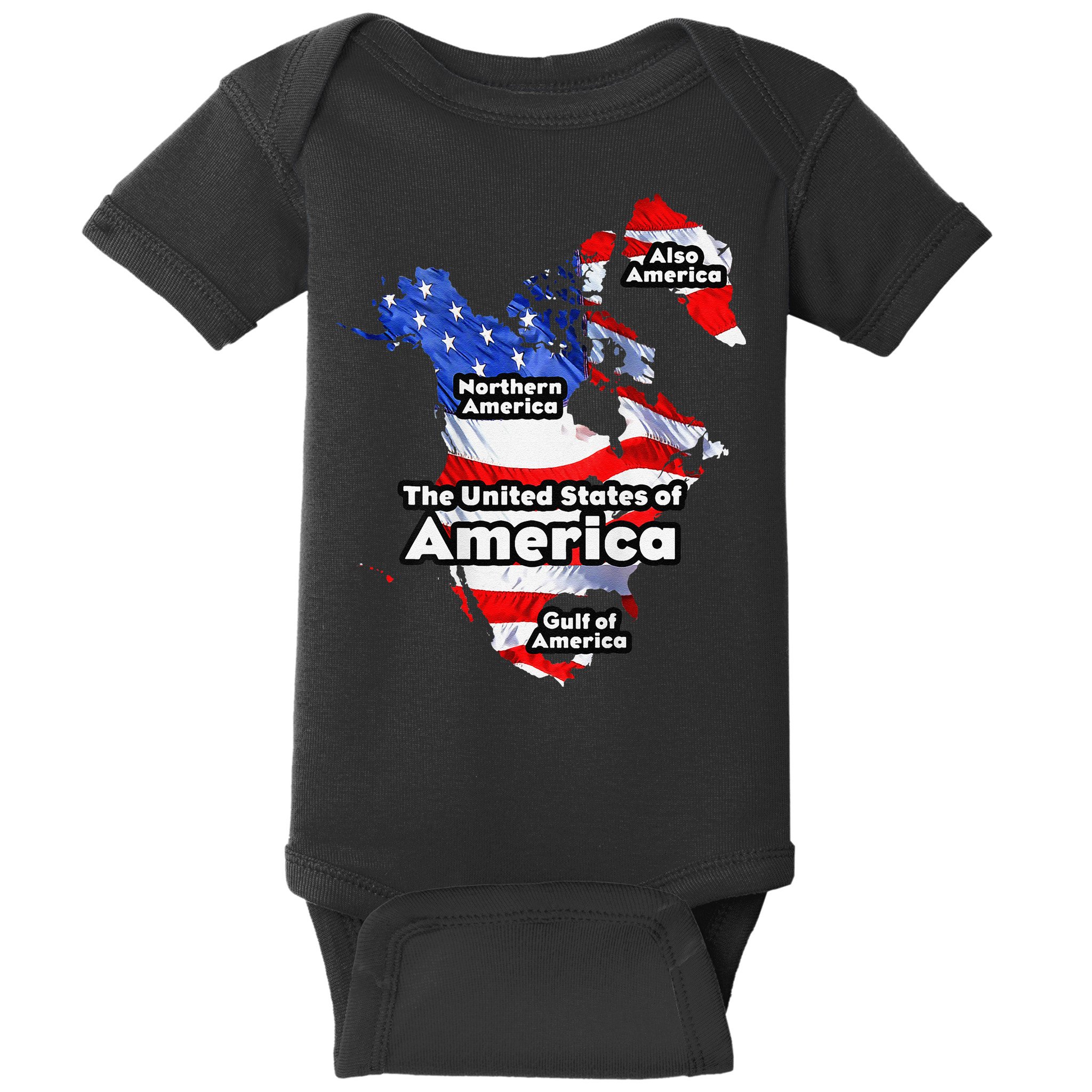 Funny Trump American Flag Canada Greenland Gulf Map On Back Baby Bodysuit