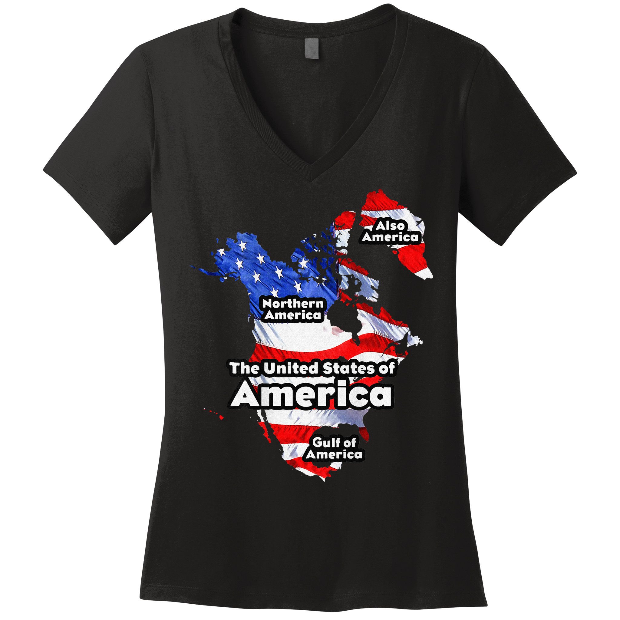 Funny Trump American Flag Canada Greenland Gulf Map On Back Women's V-Neck T-Shirt