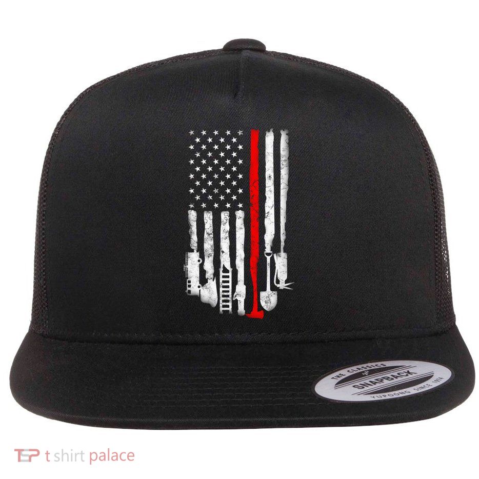 Firefighter Tools And Equipt Stripe American Flag Fire Gift Flat Bill Trucker Hat