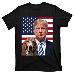 Funny Trump And Basset Hound Dog Usa Flag Election 2024 Vote T-Shirt