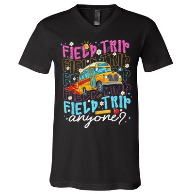 Field Trip Anyone School Bus Field Day Teacher Student V-Neck T-Shirt