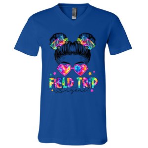 Field Trip Anyone Field Day Student Teacher Messy Bun Gift V-Neck T-Shirt