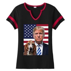 Funny Trump And Basset Hound Dog Usa Flag Election 2024 Vote Ladies Halftime Notch Neck Tee