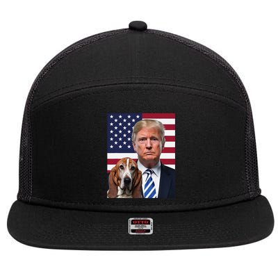 Funny Trump And Basset Hound Dog Usa Flag Election 2024 Vote 7 Panel Mesh Trucker Snapback Hat