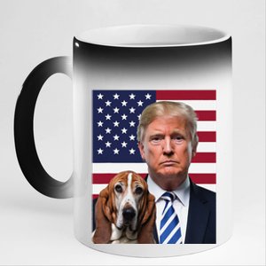 Funny Trump And Basset Hound Dog Usa Flag Election 2024 Vote 11oz Black Color Changing Mug