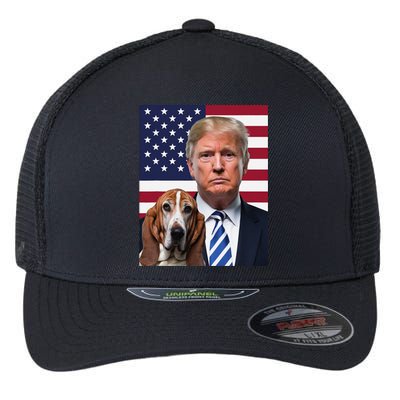 Funny Trump And Basset Hound Dog Usa Flag Election 2024 Vote Flexfit Unipanel Trucker Cap