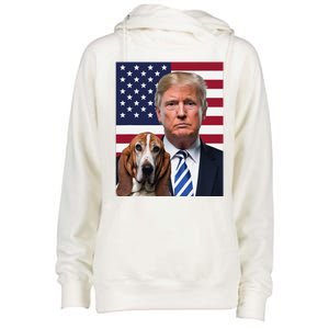 Funny Trump And Basset Hound Dog Usa Flag Election 2024 Vote Womens Funnel Neck Pullover Hood