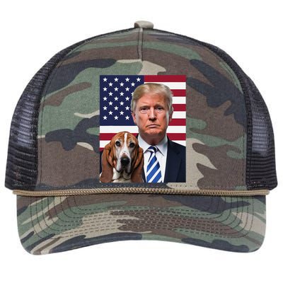 Funny Trump And Basset Hound Dog Usa Flag Election 2024 Vote Retro Rope Trucker Hat Cap