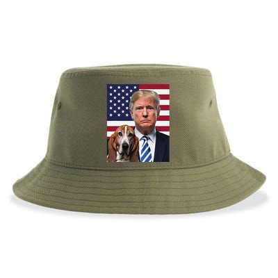 Funny Trump And Basset Hound Dog Usa Flag Election 2024 Vote Sustainable Bucket Hat