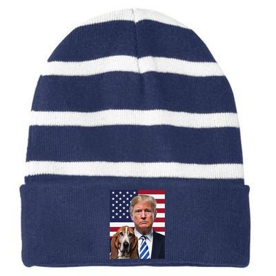 Funny Trump And Basset Hound Dog Usa Flag Election 2024 Vote Striped Beanie with Solid Band