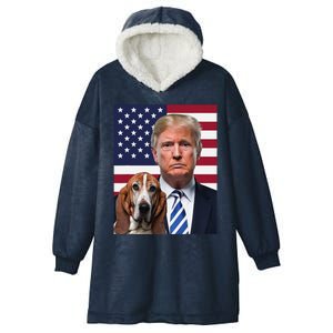 Funny Trump And Basset Hound Dog Usa Flag Election 2024 Vote Hooded Wearable Blanket