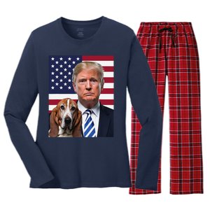 Funny Trump And Basset Hound Dog Usa Flag Election 2024 Vote Women's Long Sleeve Flannel Pajama Set 