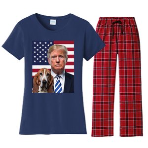 Funny Trump And Basset Hound Dog Usa Flag Election 2024 Vote Women's Flannel Pajama Set