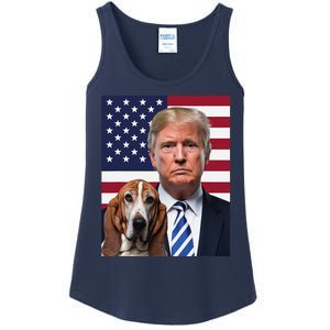 Funny Trump And Basset Hound Dog Usa Flag Election 2024 Vote Ladies Essential Tank