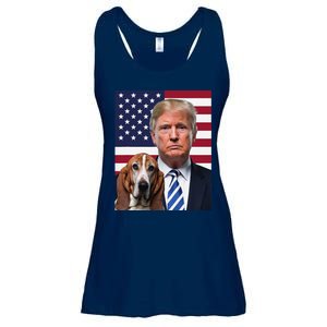 Funny Trump And Basset Hound Dog Usa Flag Election 2024 Vote Ladies Essential Flowy Tank