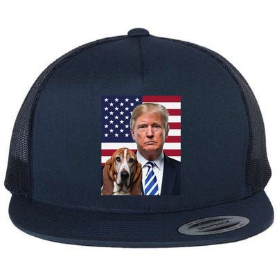 Funny Trump And Basset Hound Dog Usa Flag Election 2024 Vote Flat Bill Trucker Hat