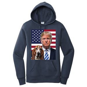 Funny Trump And Basset Hound Dog Usa Flag Election 2024 Vote Women's Pullover Hoodie