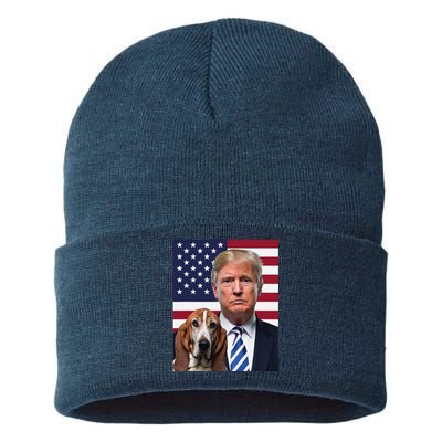 Funny Trump And Basset Hound Dog Usa Flag Election 2024 Vote Sustainable Knit Beanie