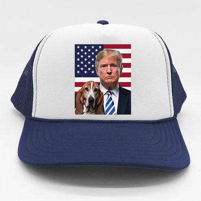 Funny Trump And Basset Hound Dog Usa Flag Election 2024 Vote Trucker Hat