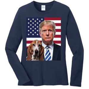 Funny Trump And Basset Hound Dog Usa Flag Election 2024 Vote Ladies Long Sleeve Shirt