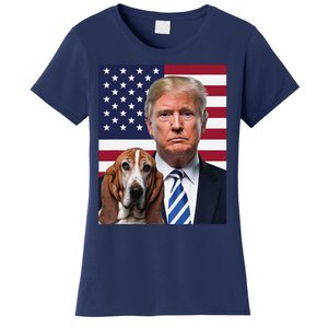 Funny Trump And Basset Hound Dog Usa Flag Election 2024 Vote Women's T-Shirt