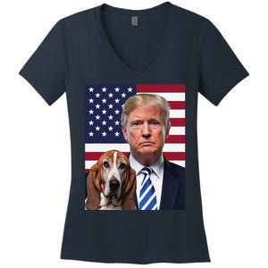 Funny Trump And Basset Hound Dog Usa Flag Election 2024 Vote Women's V-Neck T-Shirt