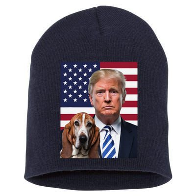 Funny Trump And Basset Hound Dog Usa Flag Election 2024 Vote Short Acrylic Beanie