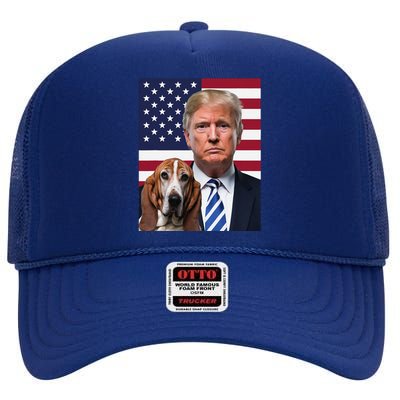 Funny Trump And Basset Hound Dog Usa Flag Election 2024 Vote High Crown Mesh Back Trucker Hat