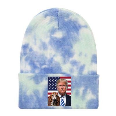 Funny Trump And Basset Hound Dog Usa Flag Election 2024 Vote Tie Dye 12in Knit Beanie