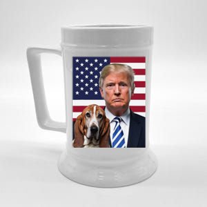 Funny Trump And Basset Hound Dog Usa Flag Election 2024 Vote Beer Stein