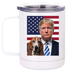 Funny Trump And Basset Hound Dog Usa Flag Election 2024 Vote 12 oz Stainless Steel Tumbler Cup