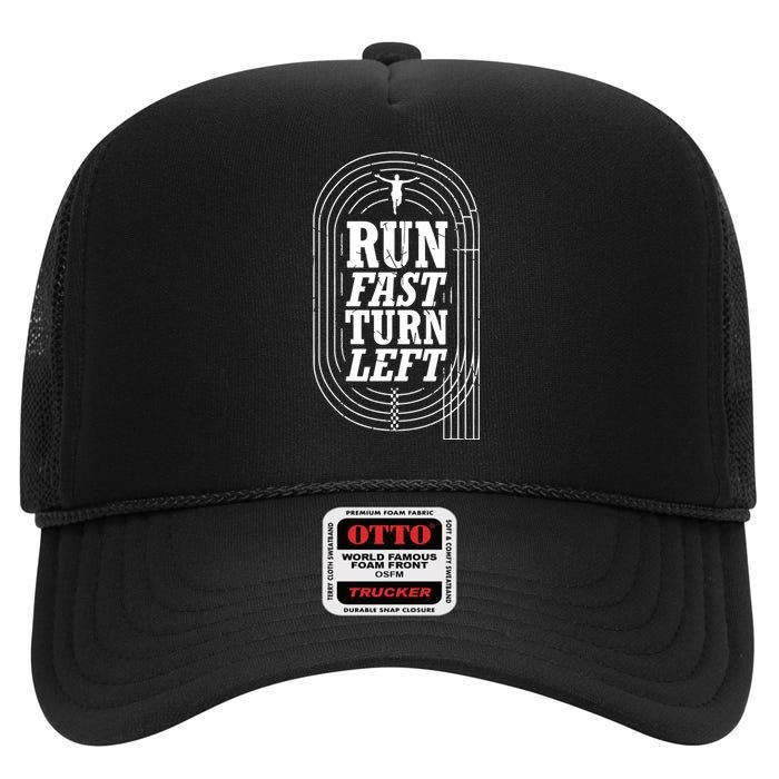 Funny Track And Field Design Run Fast Turn Left High Crown Mesh Back Trucker Hat