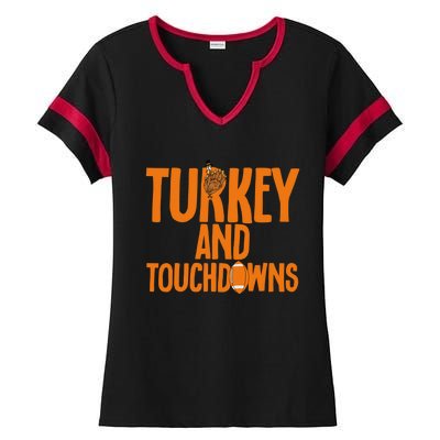 Football Turkey And Touchdowns Thanksgiving Gift Ladies Halftime Notch Neck Tee