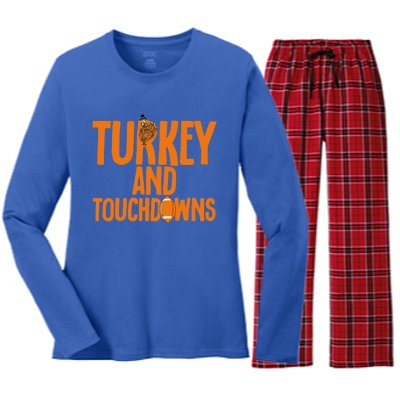 Football Turkey And Touchdowns Thanksgiving Gift Women's Long Sleeve Flannel Pajama Set 