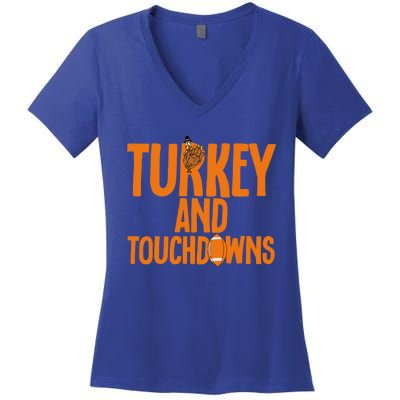 Football Turkey And Touchdowns Thanksgiving Gift Women's V-Neck T-Shirt