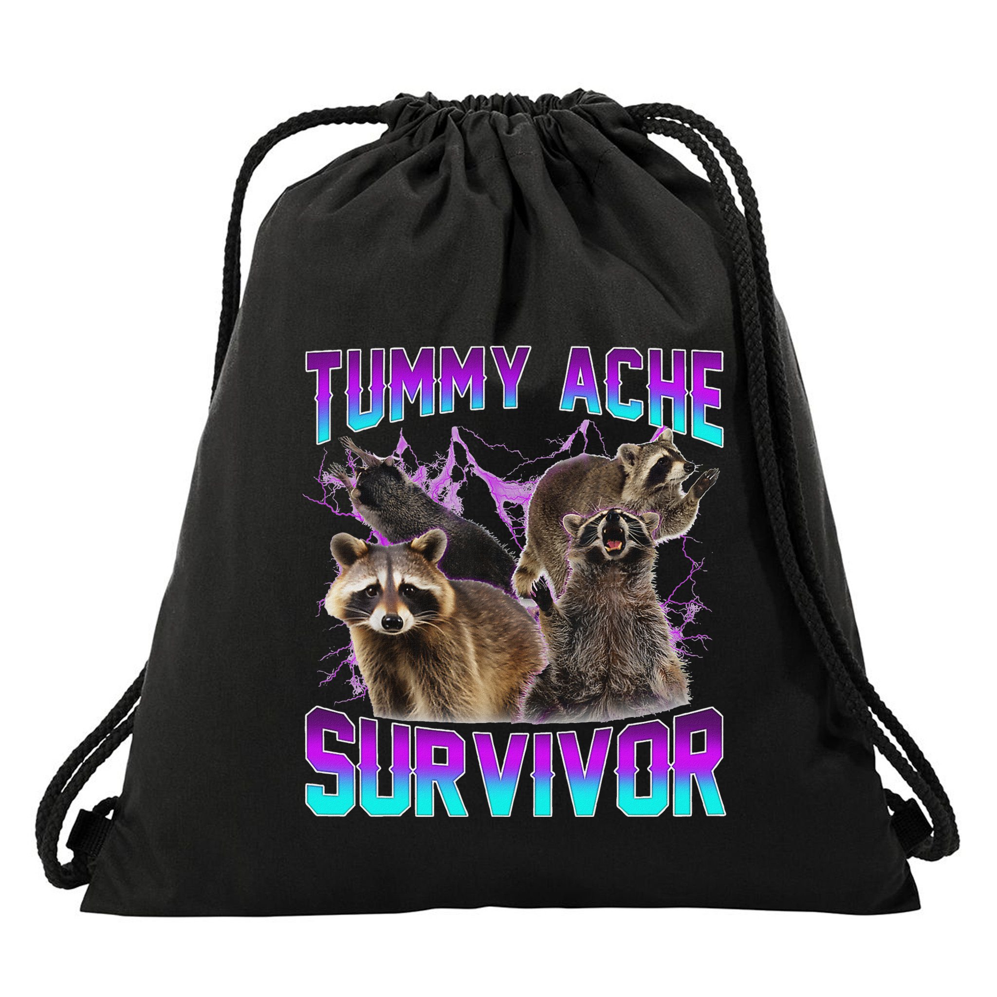 Funny Tummy Ache Survivor Raccoon Drawstring Bag
